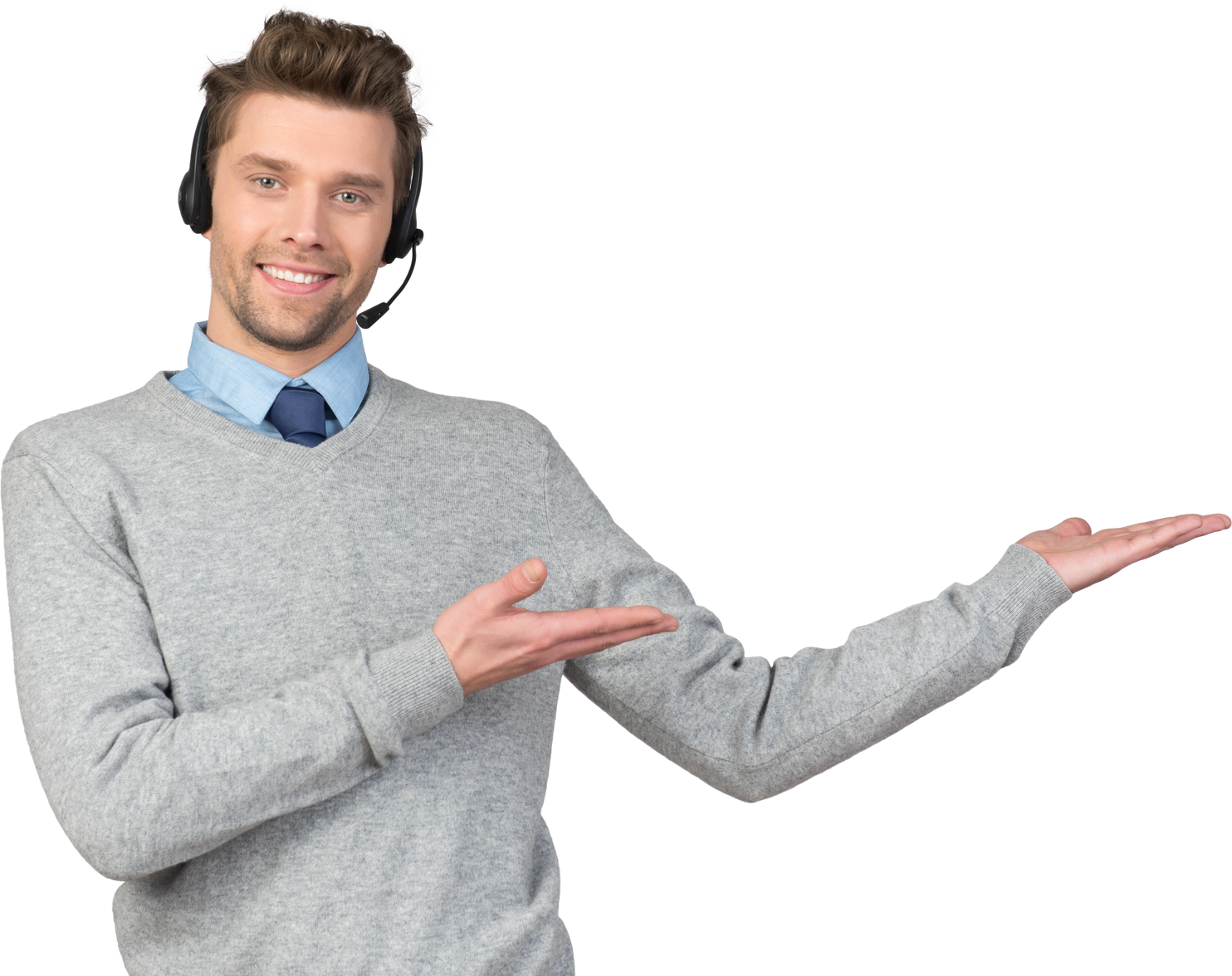 Call center agent showing a way to go with hands